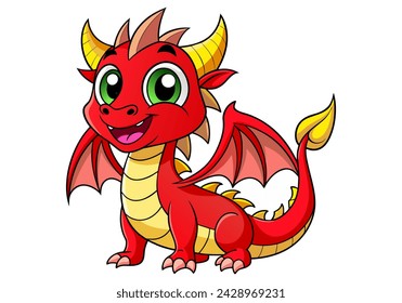 Lindo dragón rojo de dibujos animados. Hada, libélula linda. Bebé dragón de fuego o dinosaurio lindo personaje aislado vector. Monstruo de cuento.