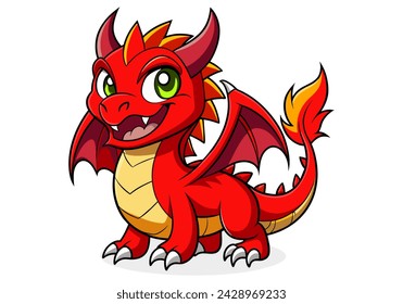 Cute cartoon red dragon. Fairy cute dragonfly. Baby fire dragon or dinosaur cute character isolated vector. Fairytale monster.