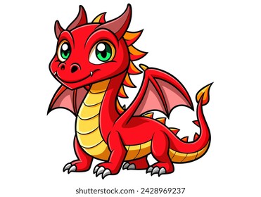 Cute cartoon red dragon. Fairy cute dragonfly. Baby fire dragon or dinosaur cute character isolated vector. Fairytale monster.