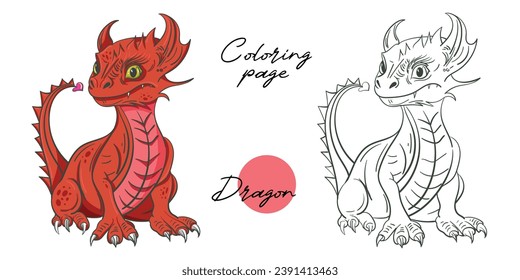 A cute cartoon red dragon holds . New year 2024 animal vector illustration on white background. Nice nursery. For calendars, cards, design, interior.