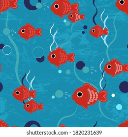 Cute cartoon red fish are swimming beneath the blue waves, bubbles and seaweeds. It's a seamless vector background for kids. There are toy fish, whose scale is like flowers.