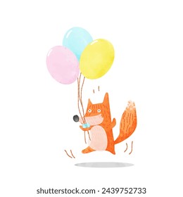 Cute cartoon red fox with balloons. Hand drawn watercolor illustration.