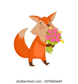 Cute cartoon red fox character holding bouquet of flowers vector Illustration on a white background