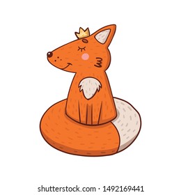 cute cartoon red fox in a crown on a white background