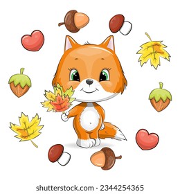 Cute cartoon red fox with fallen leaves in an autumn frame. Vector illustration of an animal with a nut, an acorn, a yellow leaf, a mushroom and a heart on a white background.