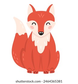 Cute cartoon red fox in flat style. Forest animal, kids design for print, poster, stickers, nursery. Vector illustration