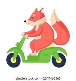 Cute cartoon red fox with fluffy tail riding scooter. Comic animal on personal transport vector illustration. Transportation, animal concept