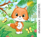 Cute cartoon red fox in the forest. Vector illustration of an animal on a green background with trees. flowers, plants and butterflies.