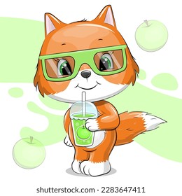 Cute cartoon red fox with glasses and apple juice. Vector illustration of an animal on a green background.