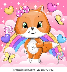 A cute cartoon red fox with a hair bow stands on a cloud. Vector illustration of an animal on a pink background with a rainbow, hearts, candies and stars.