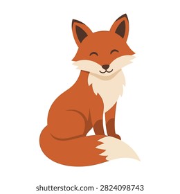A cute cartoon red fox with a happy smile and closed eyes sitting down with white chest fur