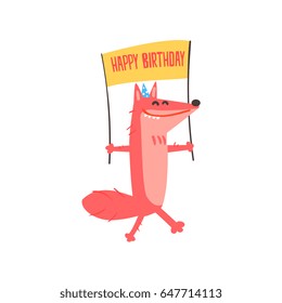 Cute cartoon red fox Happy Birthday colorful vector Illustration