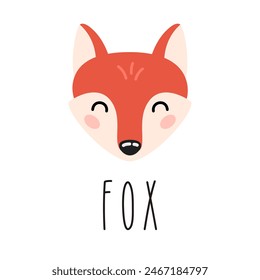 Cute cartoon red fox head with lettering. Kids design for print, poster, stickers, nursery. 