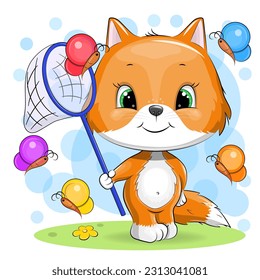 A cute cartoon red fox is holding butterfly net  Vector illustration an animal and butterflies blue background 