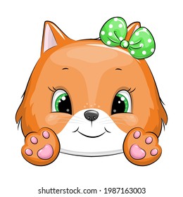 Cute cartoon red fox with paws. Vector illustration of animal head isolated on white.