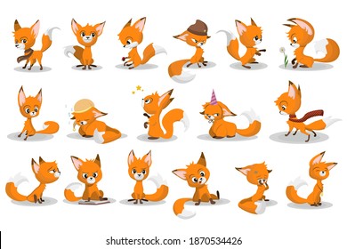 Cute cartoon red fox set. Funny animal character smiling, crying, walking, playing game, sleeping. Vector illustration for different emotions and actions concept