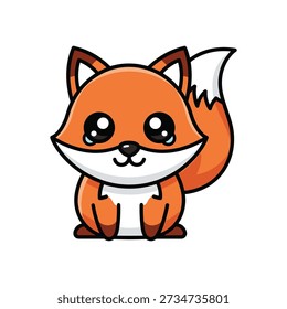 Cute cartoon red fox sitting with big eyes and bushy tail