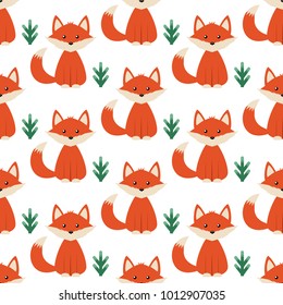 cute cartoon red fox with a small spruce vector seamless background pattern
