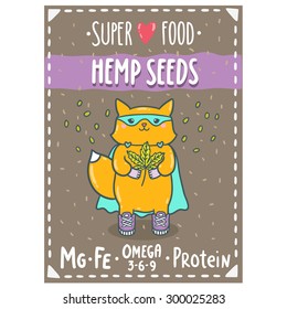 Cute cartoon red fox superhero holding hemp leaf. Hemp seeds superfood vector illustration. Label, tag, sticker design for your package.