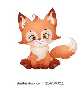 Cute Cartoon Red Fox, Vector Illustration. Woodland Animal, Isolated White Background.