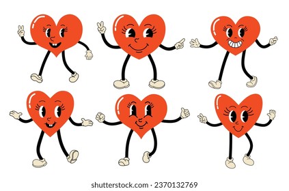 Cute cartoon red heart character   set. 