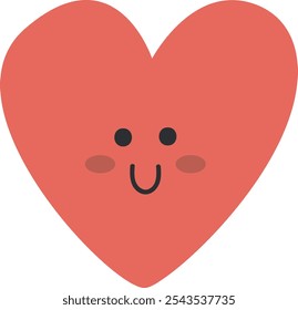 Cute cartoon red heart with a smiling face and rosy cheeks, ideal for Valentine's Day, greeting cards, and children's illustrations.