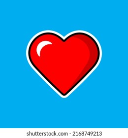 Cute cartoon red heart sticker blue background. Vector illustration.