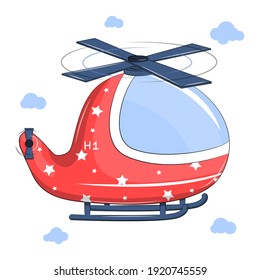 A cute cartoon red helicopter flies in the sky. Vector illustration isolated on white.