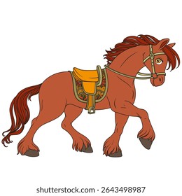 Cute cartoon red horse harnessed in a harness runs forward on a white background