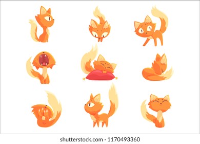 Cute cartoon red kitten character in different actions set of vector Illustrations