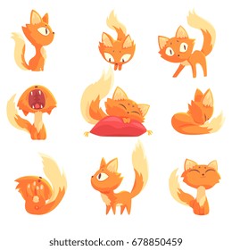 Cute cartoon red kitten character in different actions set of vector Illustrations