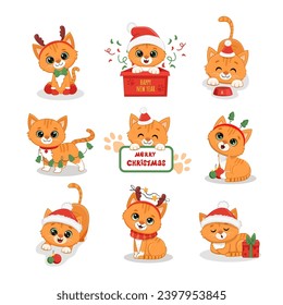 Cute cartoon red kitten Isolated on white. Christmas  Illustration for design, banners, children's books and patterns.  Funny Ginger cat in scarf, santa hat and  with gift. Vector illustration