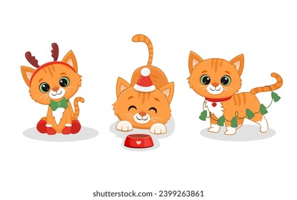 Cute cartoon red kitten Isolated on white. Christmas  Illustration for design, banners, children's books and patterns.  Funny Ginger cat in santa hat. Vector illustration