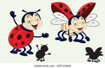 cute cartoon red ladybug flying with silhouette vector illustration. 