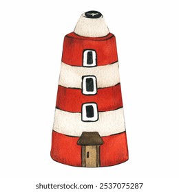 Cute cartoon red lighthouse isolated. Watercolor stylized children's illustration drawn by hand. Old sea lighthouse in Scandinavian style, could be used for kid posters or cards. Fishing village. eps