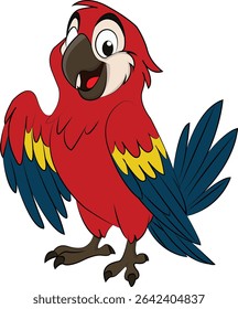 Cute cartoon red macaw parrot with colorful wings, tropical exotic bird character, children clipart, isolated vector illustration on transparent background

