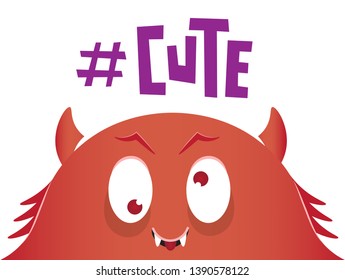 Cute cartoon red monster with horns on the white background
