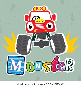 cute cartoon cute red monster truck on grey background illustration vector