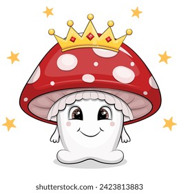 Cute cartoon red mushroom king with golden crown. Vector illustration of on a white background with yellow stars.