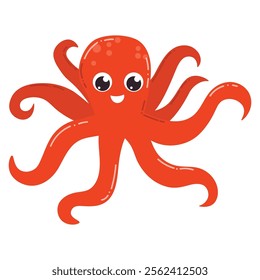 Cute cartoon red ocean octopus. Happy marine character in flat style. 