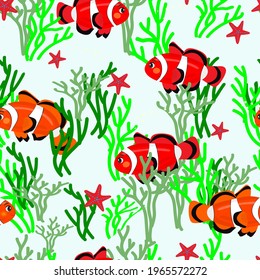 Cute cartoon red and orange clownfish swim in seaweed. Seamless pattern in children's style, vector