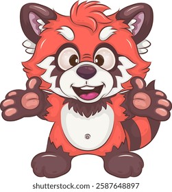 Cute cartoon red panda with arms outstretched for hugs. Unique design, children's mascot.