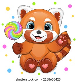 Cute cartoon red panda with big candy. Vector illustration of an animal on a white background with colorful dots.
