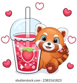 Cute cartoon red panda with a big strawberry drink. Vector illustration of an animal and a cup of red water on a white background with red hearts.