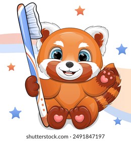 A cute cartoon red panda with a big toothbrush. Vector illustration of an animal on a white background with stars.