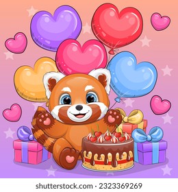 Bonita caricatura de la fiesta de cumpleaños del panda rojo con tartas, regalos y globos de colores. Ilustración vectorial de un animal sobre un fondo rosa y lila.