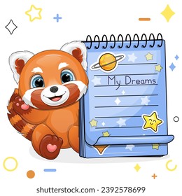 A cute cartoon red panda with a blue notebook with stickers. Vector illustration ofanimal on a white background with stars, circles.