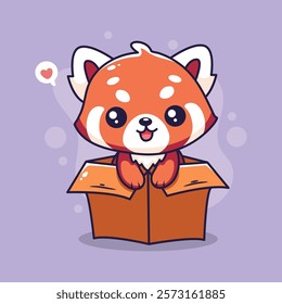 Cute cartoon red panda in a box. Vector illustration.