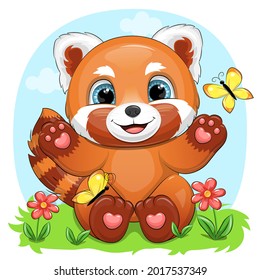 Cute cartoon red panda with butterflies and flowers. Vector illustration of an animal in nature.