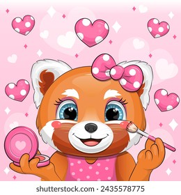 Cute cartoon red panda does makeup. Vector illustration of animal with blush and brush on pink background and heart.